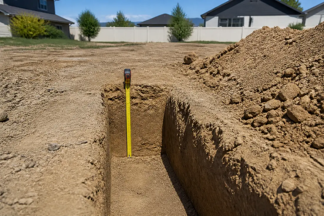 A footing trench cut well below the surrounding ground surface