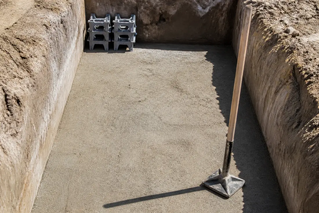 The flat bottom of a footing excavation with a hand tamper resting on it