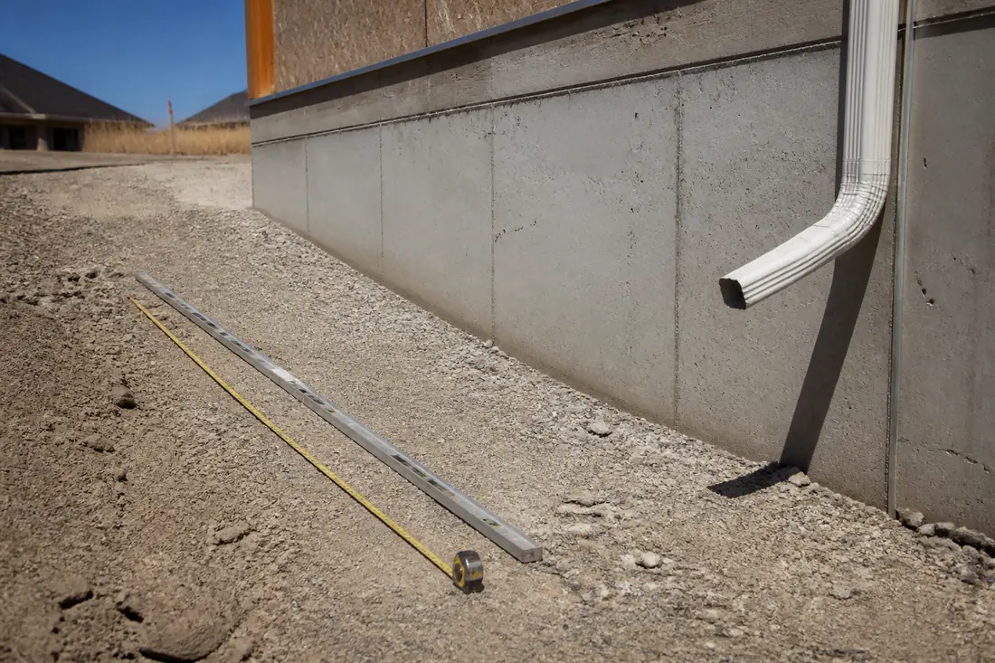 The exterior of a new foundation wall where the finished grade falls away from the building