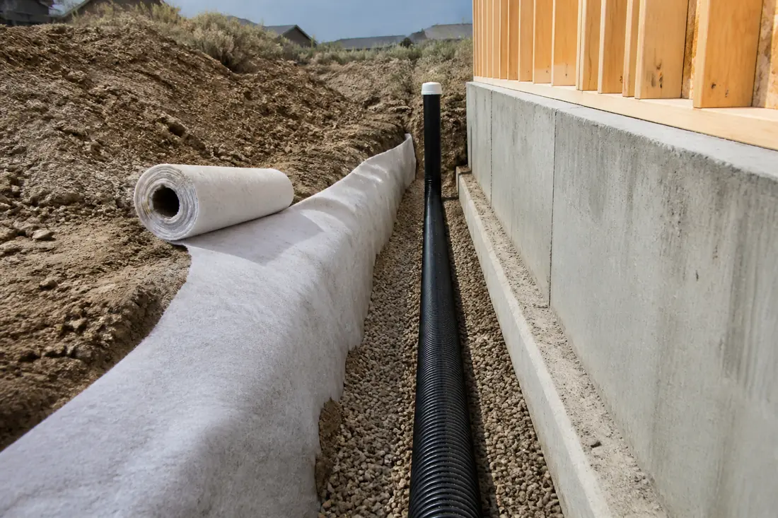 An open trench beside a poured footing with perforated drain pipe bedded in washed gravel
