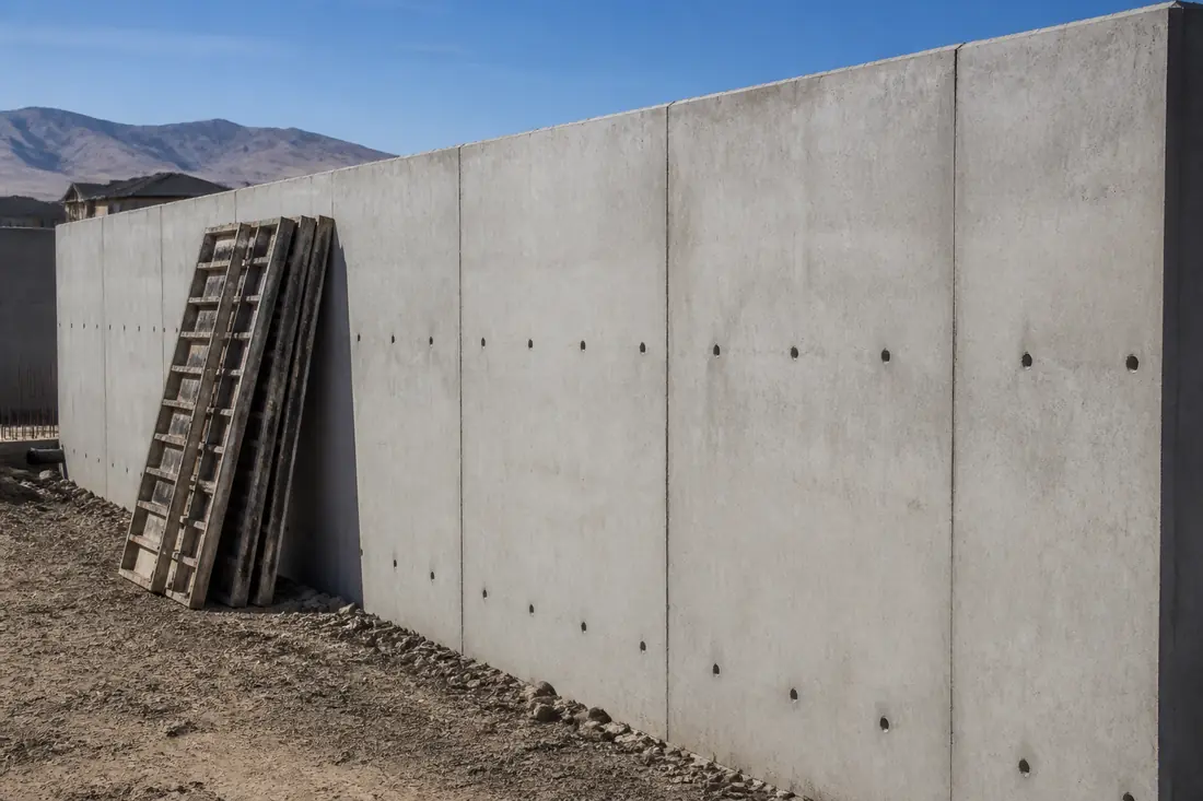A foundation wall just after the forms were removed, tie holes visible