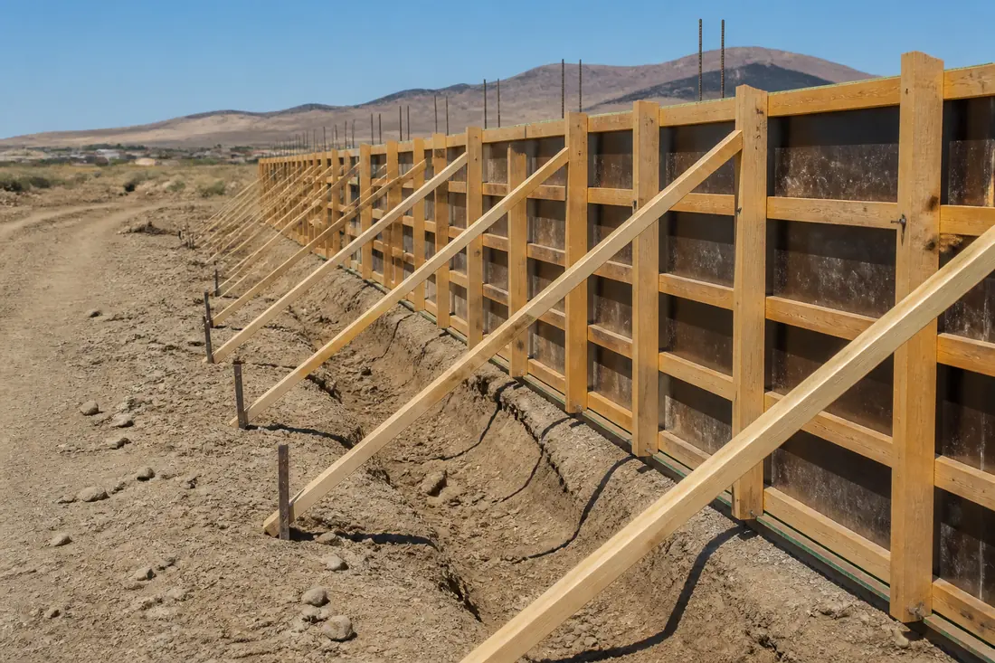 Diagonal braces running from foundation wall forms down to stakes in the ground